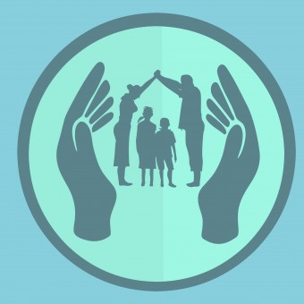 graphic illustration depicting a pair of hands supporting two adult silhouettes. The adult silhouettes are holding their arms up as an arch over two smaller silhouettes, representing children or students.